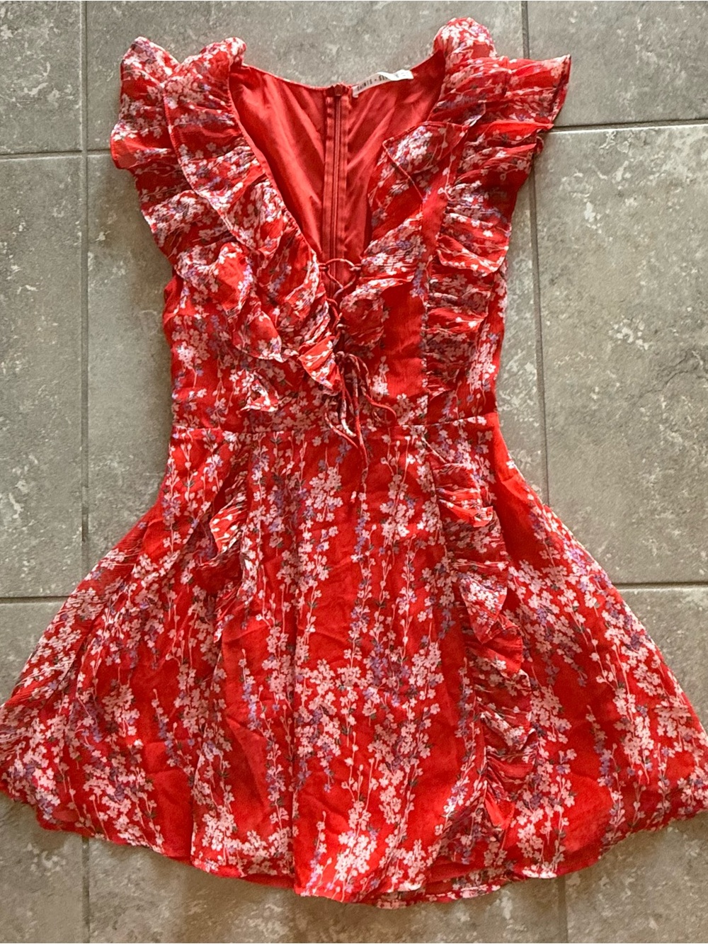 Red Floral Ruffle Mini Dress with V-Neck